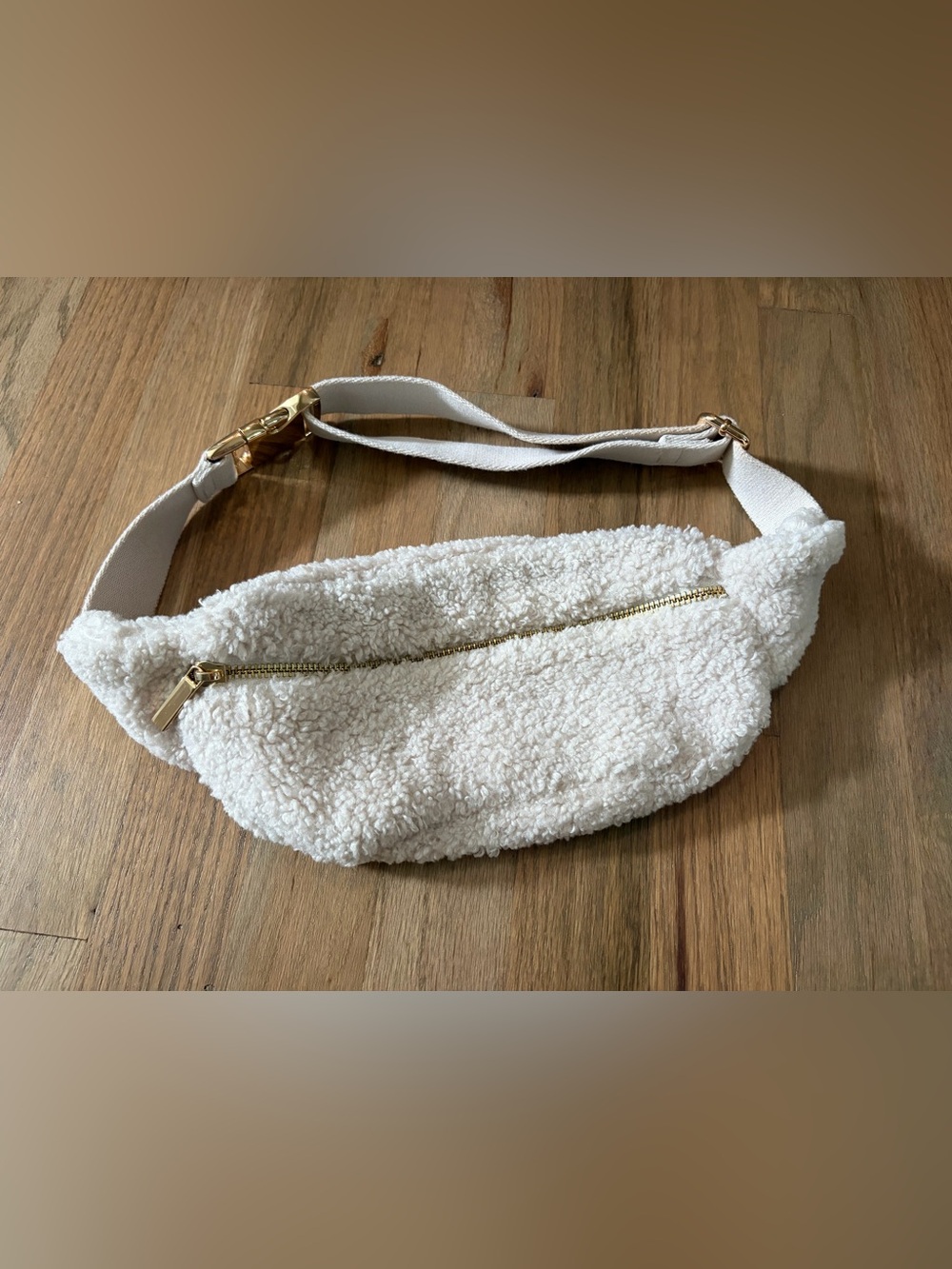 Cream Faux Sherpa Belt Bag with Gold Zipper